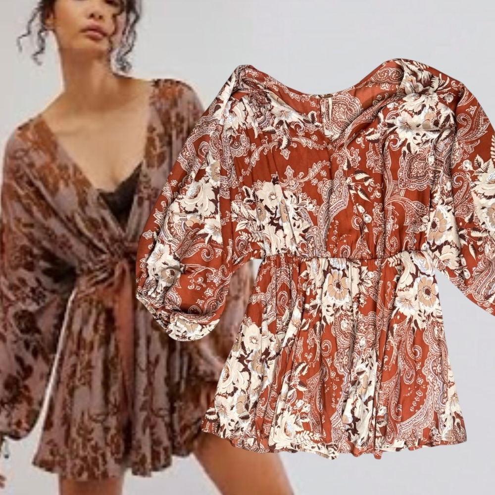 Free People Tunic Paisley Floral Rust Orange Medium